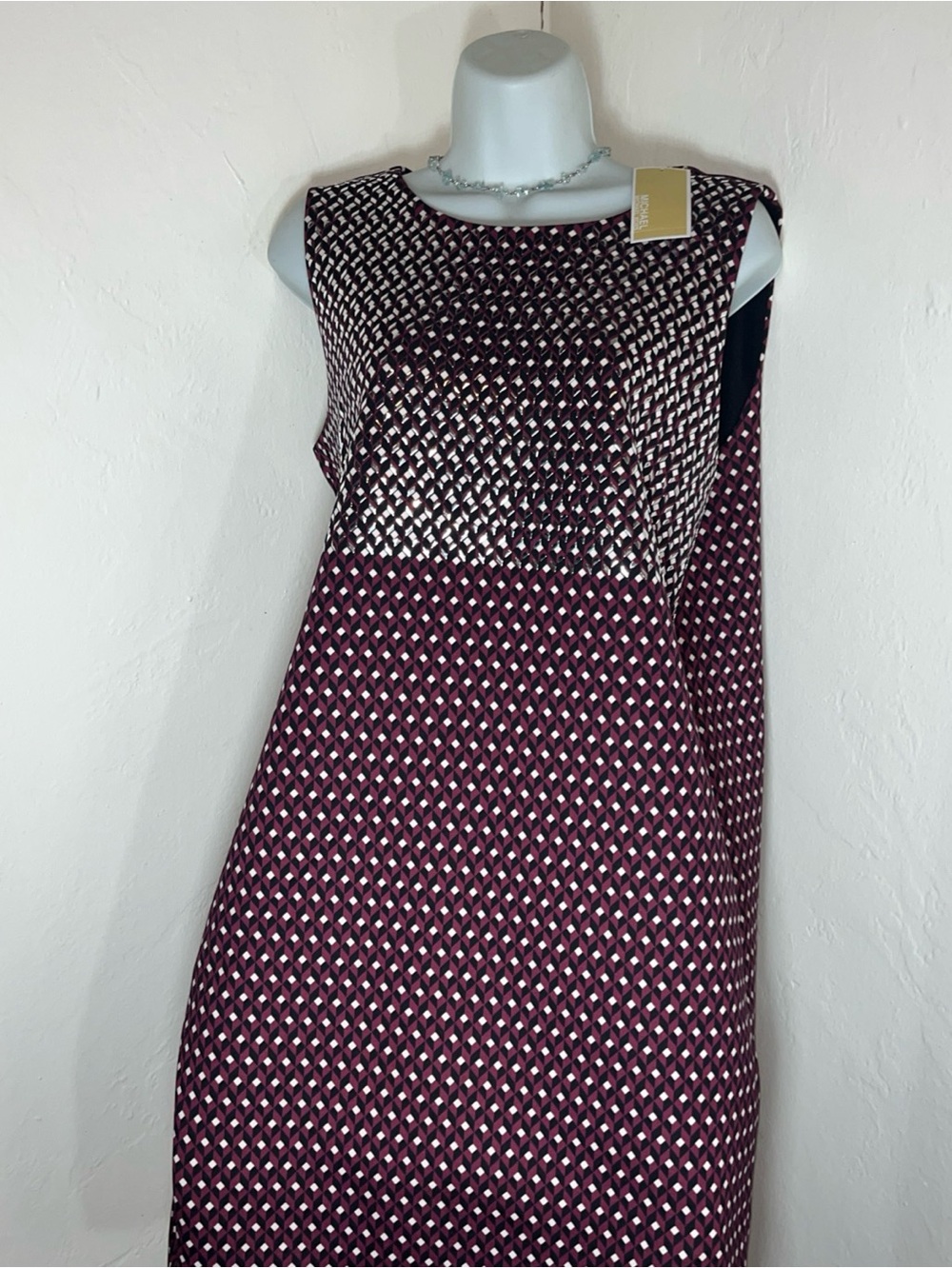 Michael Kors Sleeveless Midi Dress in Burgundy and White Geometric Print